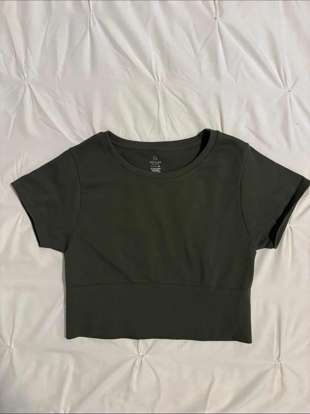 Aerie Offline Olive Green Cropped Ribbed Hem Tee